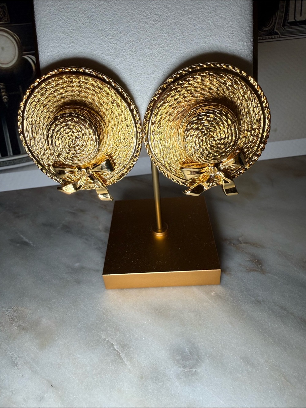 CHANEL 80s Gold Straw Hat Clip On Earrings